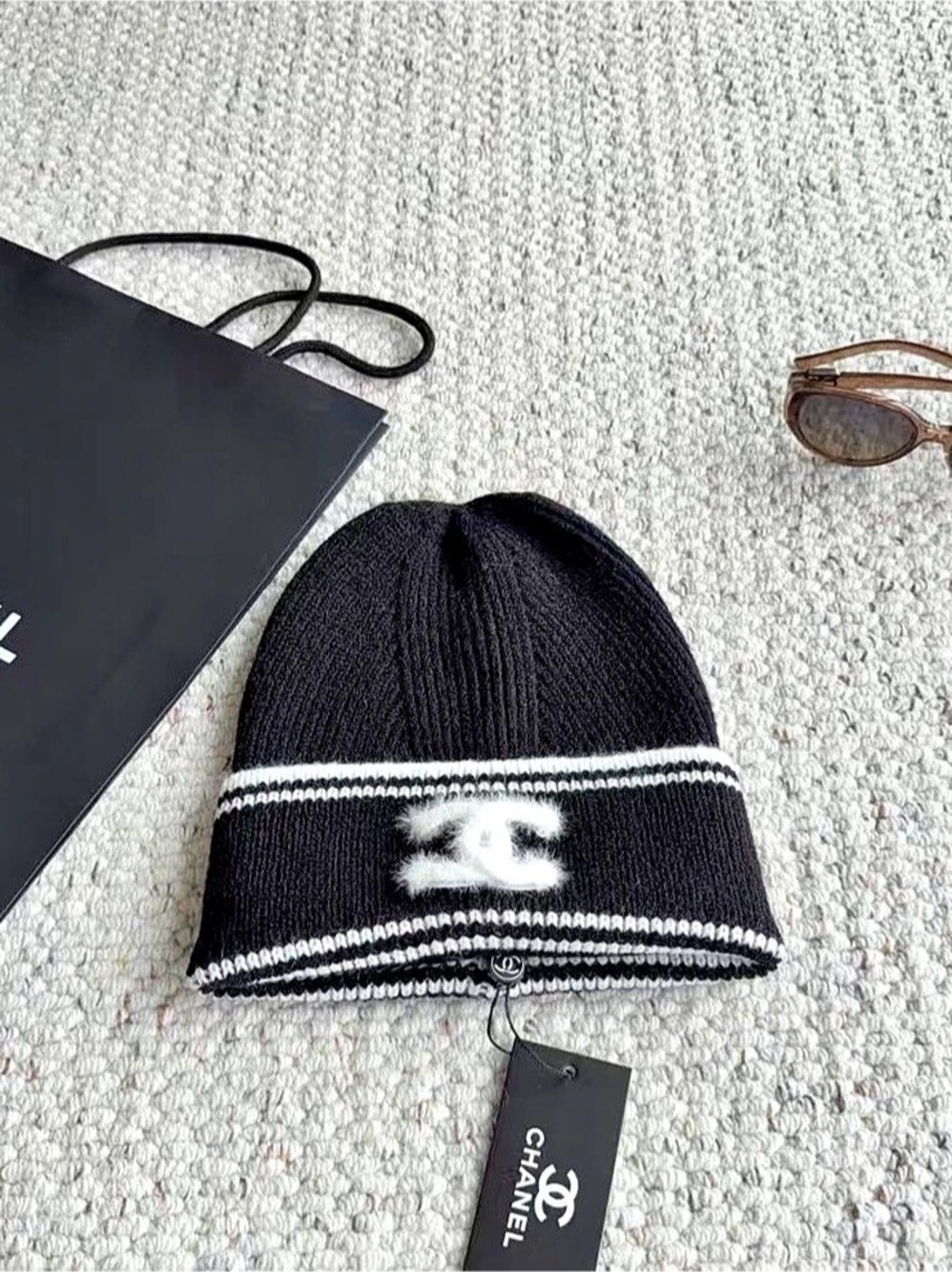Chanell Striped Beanie in Black & White NWT